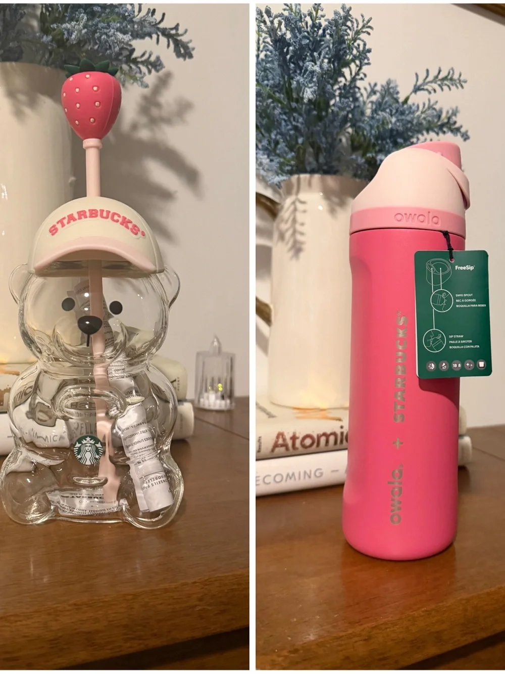 Starbucks Pink Bear Straw Tumbler with Pink Owalo Bottle